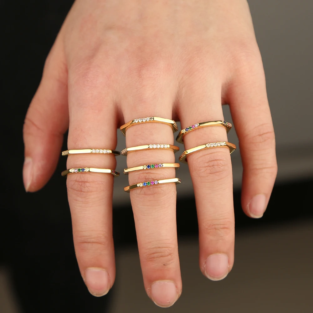 tiny New design geometry square ring simple girlfriend lovely jewelry Gold color white rainbow cz women girl trendy | Украшения и