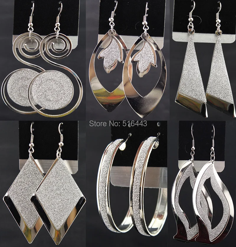 

Hot Sale Charms 12Pairs Mix Style Fashion Silver P frosted Drop Earrings for Women Wholesale Jewelry Lots Free Shipping A-541
