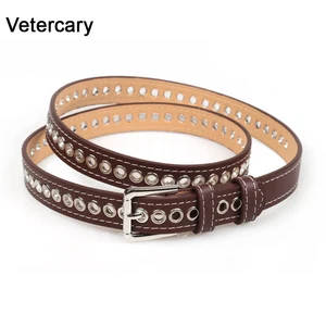 Ремень с заклепками Женский, тонкий кожаный чёрный ремень с пряжкой с язычком, в студенческом стиле