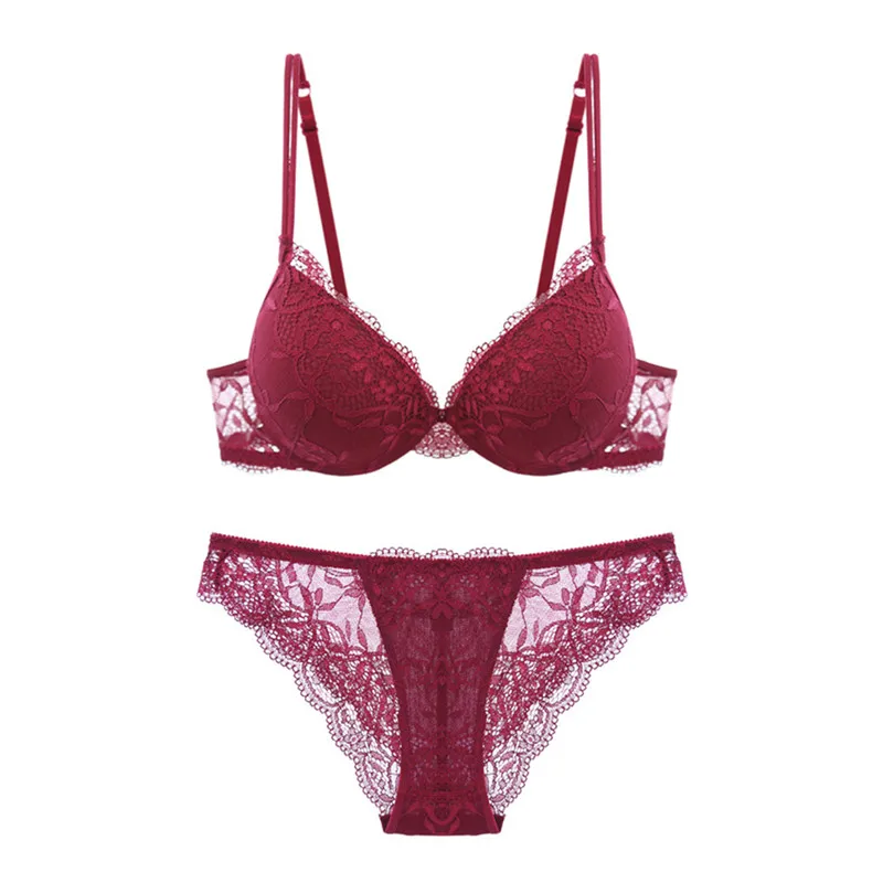 Varsbaby 3 Sets/Lot sexy floral lace deep V push up underwear bra and panty sets