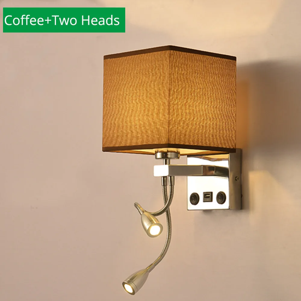 Coffee Two Head Современный светодиодный для помещений настенный светильник прикроватный спальня аппликация бра с выключателем USB E27 лампа для интерьера изголовье дома отель настенные светильники - Цвет абажура: Coffee Two Head