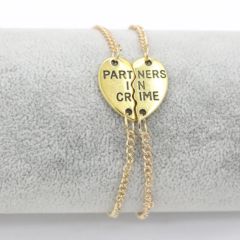 Double Heart Parts Double Chains per pair Words "Partners in crime" Golden Silver Plated Bracelets for  Womne Men