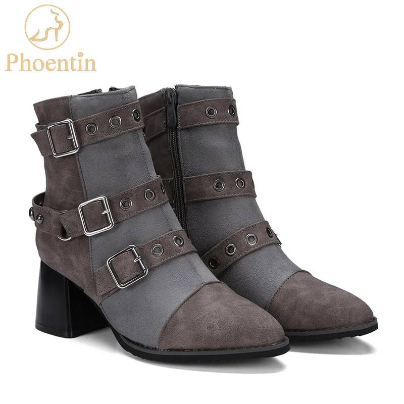 Phoentin zipper punk boots woman ankle strap patchwork narrow band female winter hoof heels 6cm women shoes FT226 | Обувь