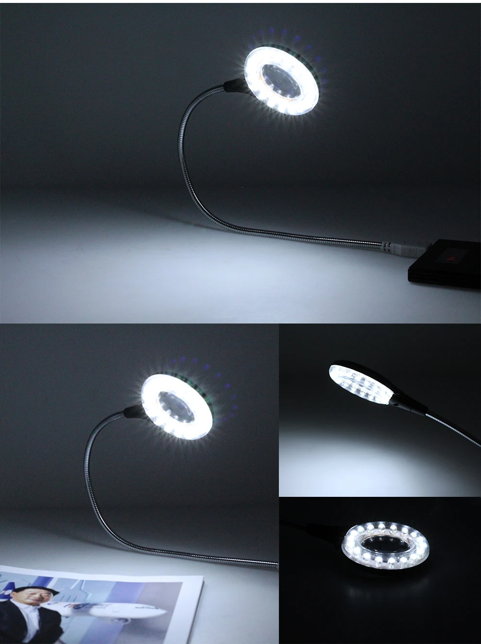 LED Reading Book Light USB with Magnifier Clip Holder for Study Work 3X Magnifying Lens Adjustable Flexible Portable Desk Lamps