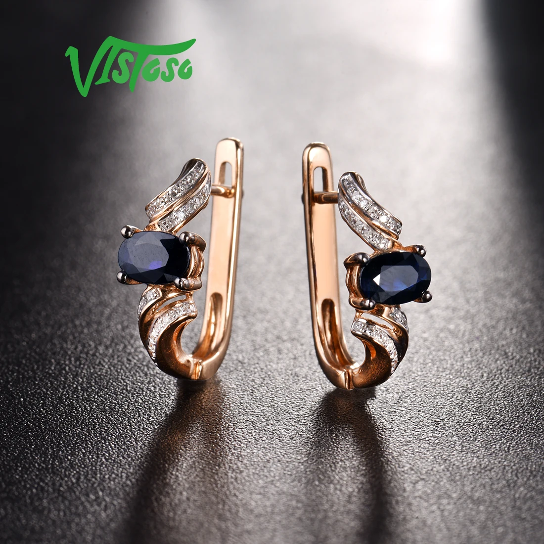 VISTOSO золотые серьги для женщин, Настоящее 14 к 585 розовое золото, сверкающий синий сапфир, бриллиант, изысканное ювелирное изделие для юбилея