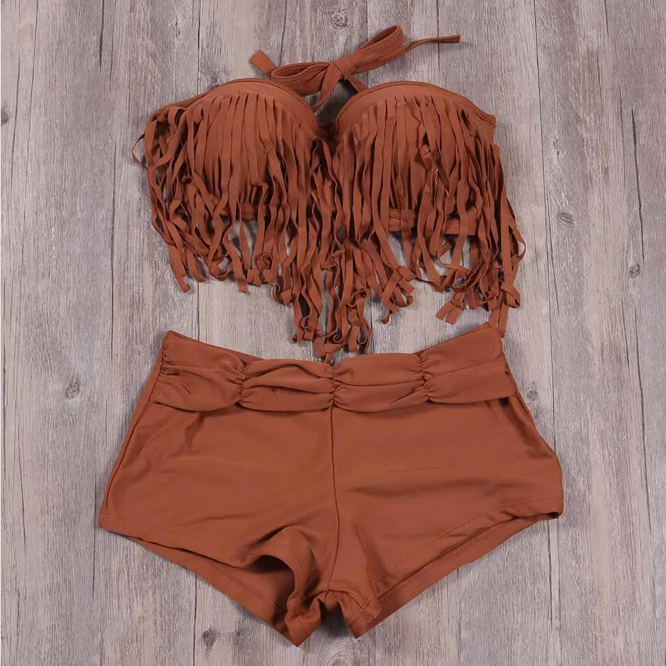SUNRAINBOW Bikinis tassel Women Swimwear High Waist Swimsuit Swimwear Push Up Crop Top Bikini Set Bathing Suit 2XL