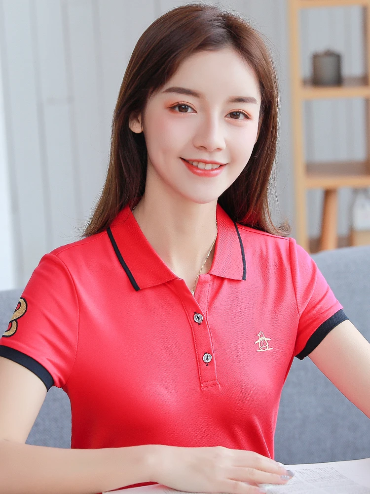 

2021 Summer Women's Fashion Short Sleeve T-shirt, Korean Version of Leisure Loose Sports Top, Turn-collar T-shirt