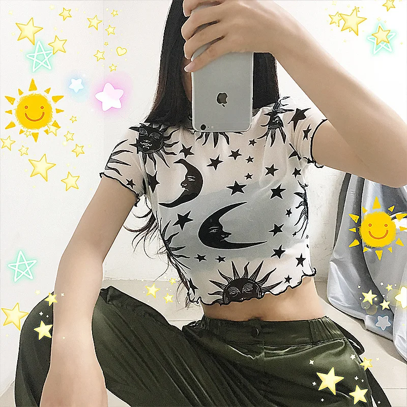 Женская Сетчатая футболка Sun Moon Star летняя прозрачная укороченная Футболка с