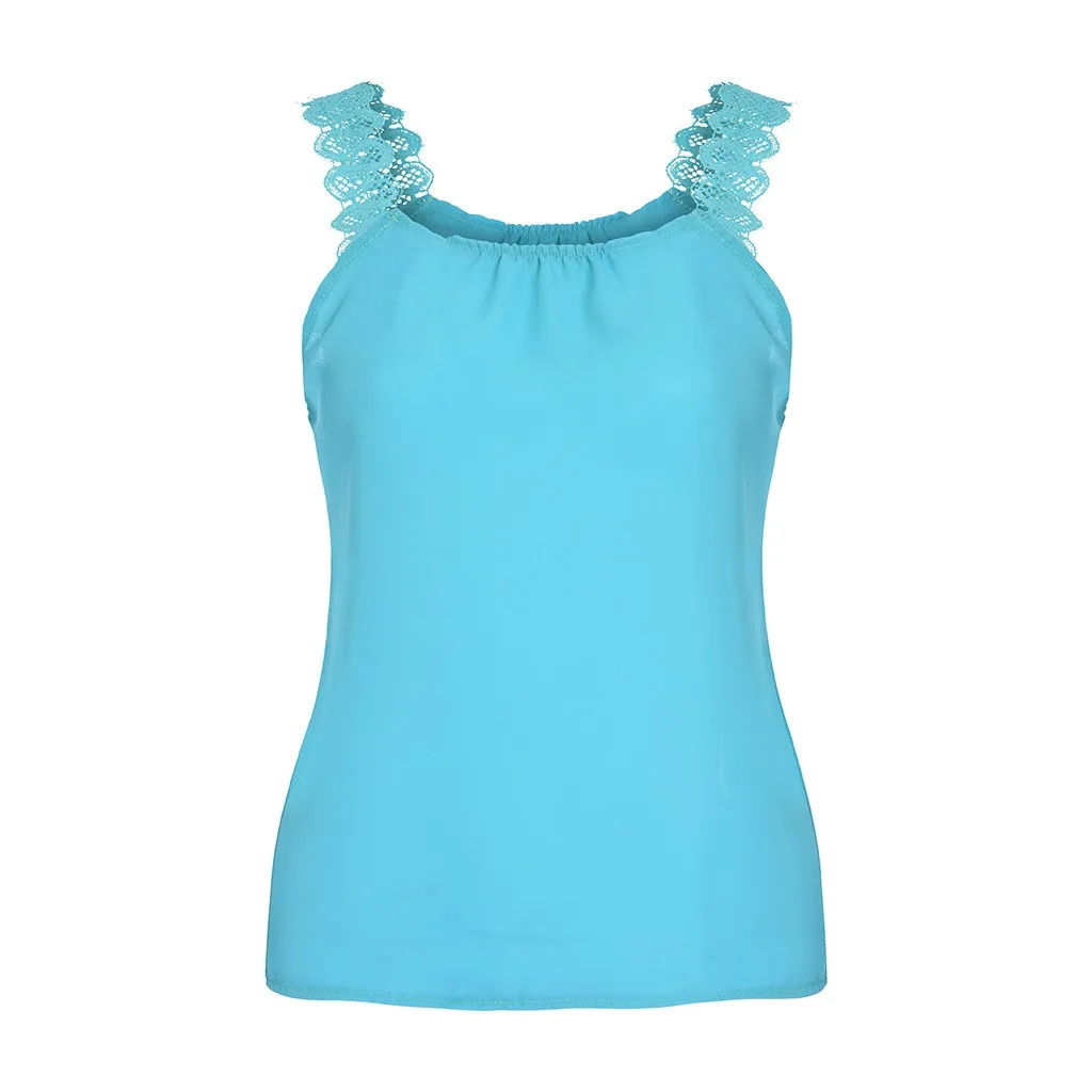 Light blue Модный топ на бретелях для женщин, Debardeur Femme, Женская однотонная кружевная блузка без рукавов с круглым вырезом, рубашка, пуловер, топы, Женская майка - Цвет: Light blue