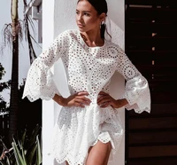 lace embroidery cotton dress women ruffle sleeve causal white dress hollow out spring summer beach short dress vestidos