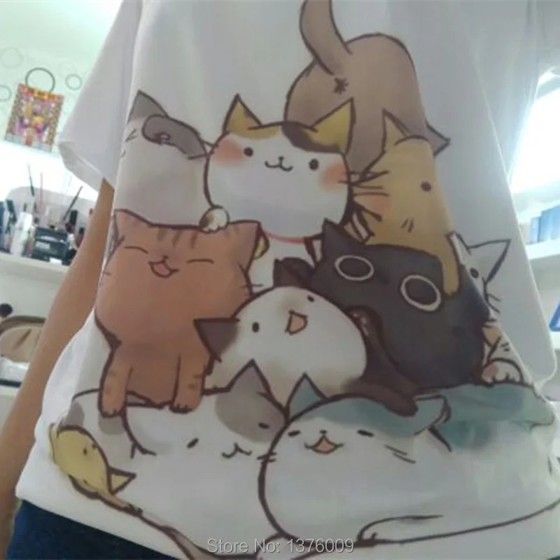 футболки женские Повседневная CAT Япония kawaii одежда принт Harajuku рубашка Новинка