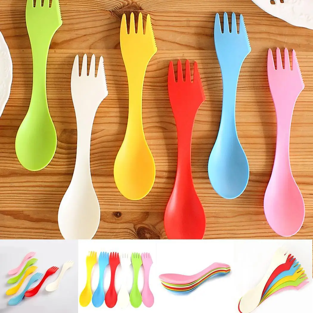 Ложка Вилка Нож 3 в 1 Набор (6 шт.) Пластиковые многоцветные многофункциональные