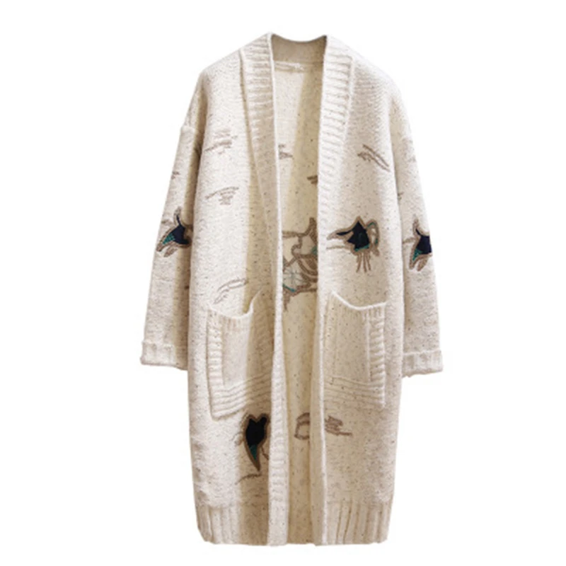 2018 Autumn Winter Big Size Women Cardigan Casual Embroidery Long Outerwear Spring Large Female Wool Knit cardigan Coat |