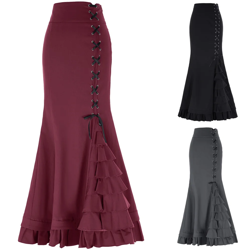 

Women vintage skirts autumn winter gothic Victorian Style High Stretch Corset style lace-up Ruffle Fishtail Mermaid long Skirt