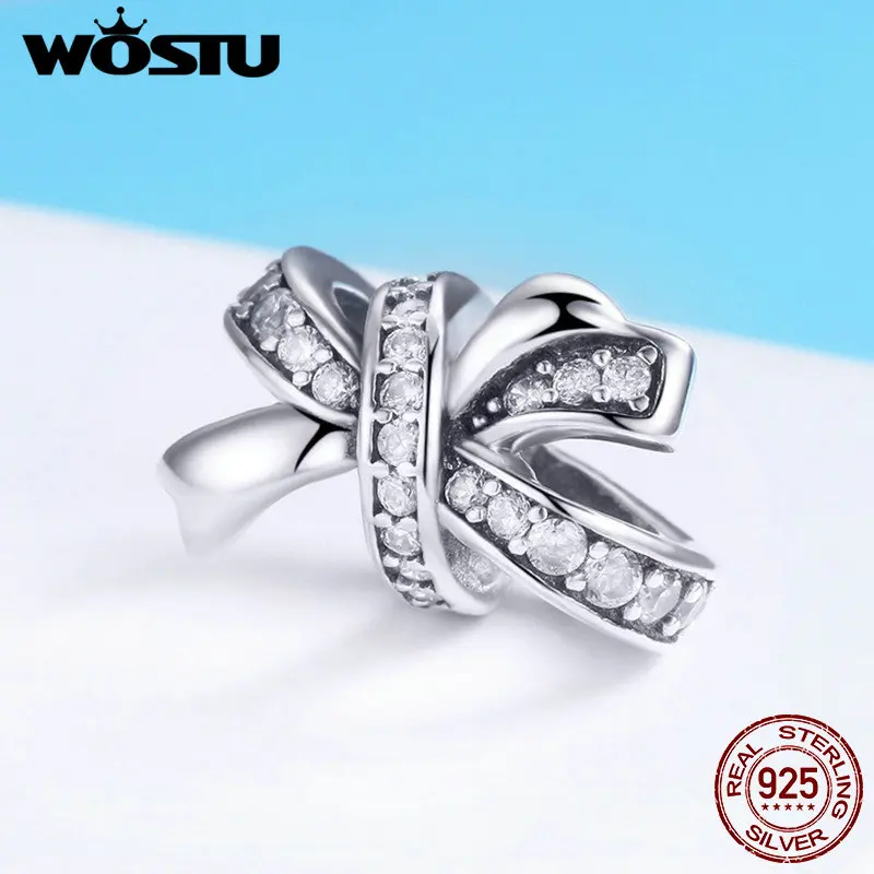 WOSTU Аутентичные 100% Стерлинговое Серебро 925 пробы бант Кристалл CZ бусины амулеты fit