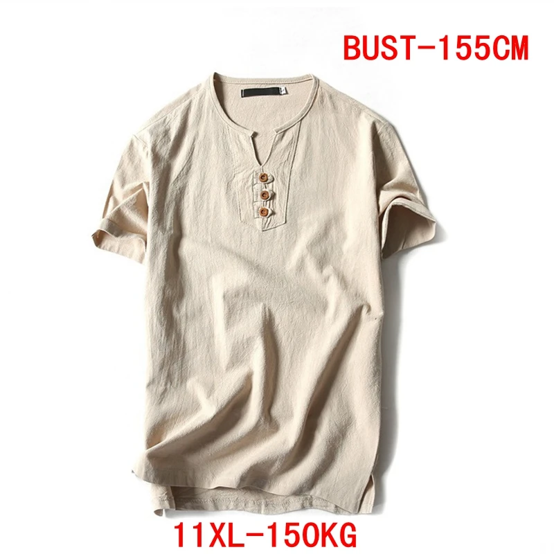 

Men's linen large T-shirt short-sleeved V-neck large size 9XL 10XL 11XL summer retro T-shirt casual loose blue 6XL 7XL 8XL