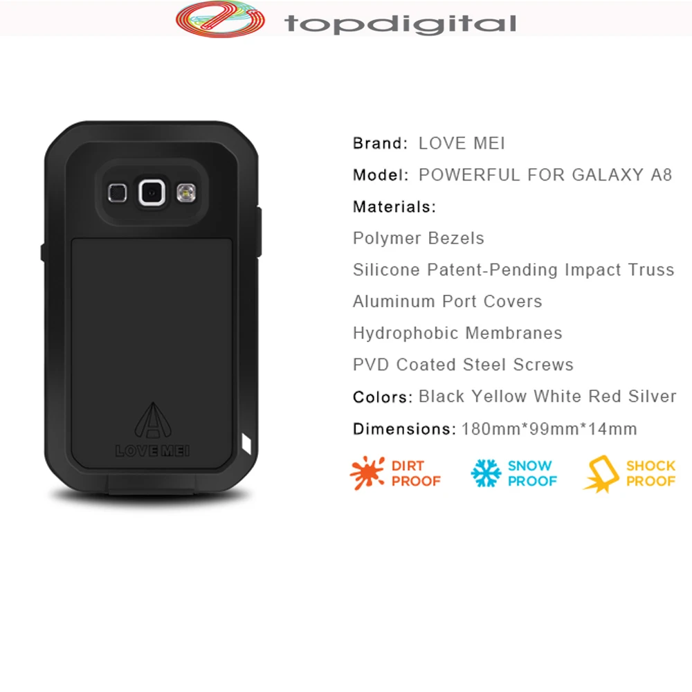 LOVE MEI Life Waterproof Shockproof Case for Samsung Galaxy A8 2015 A800F A8000 Cover Aluminum Metal Shell w Gorilla Glass |