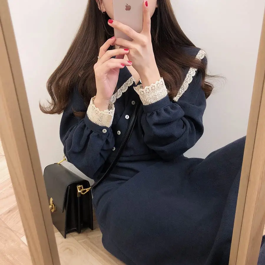 Коллекция года, Новое поступление, S-XL-весеннее кружевное платье для девочек, повседневное, бохо, OL, повседневное, синее, с длинным рукавом, женские платья, женское платье, брекеты, robe Femme Vestido