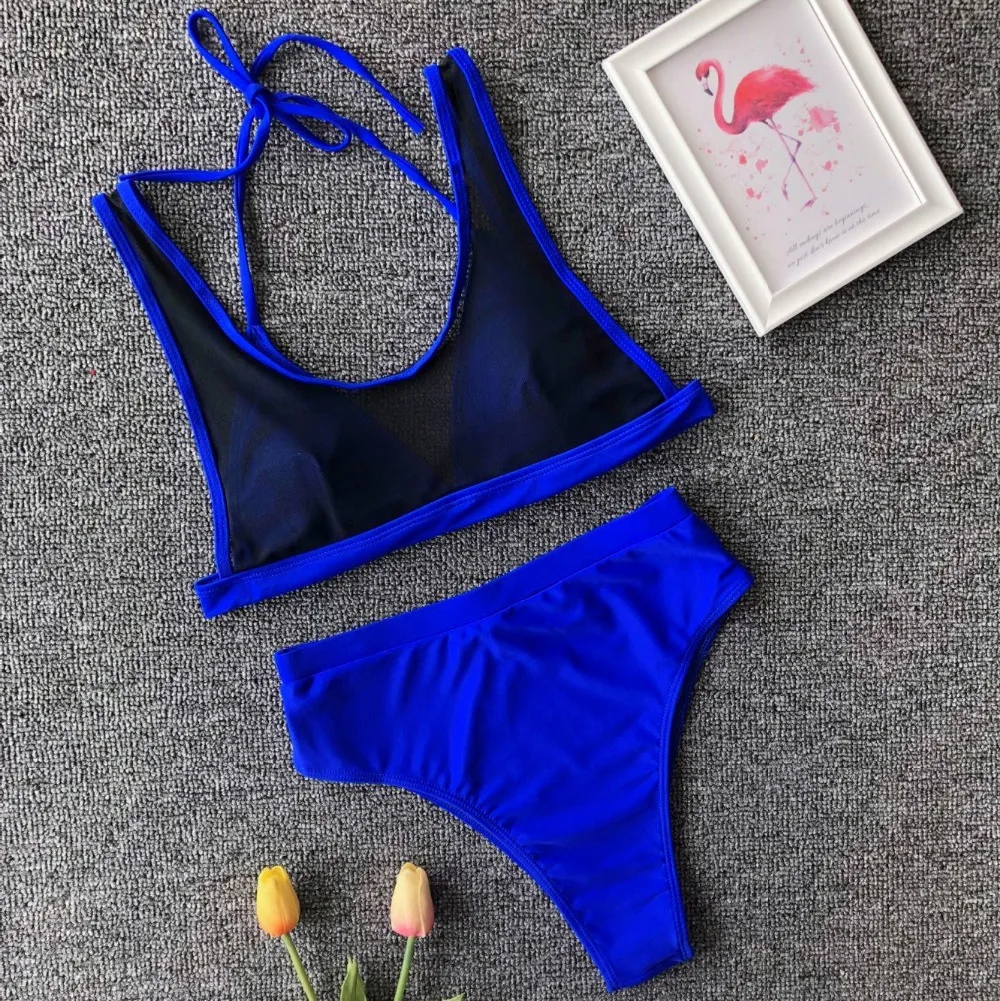 Sexy Translucent Mesh Bikini 2019 High Waist triangle Swimwear Women Solid Lace Strappy Swimsuit Femel Bathing Suit B5074 |
