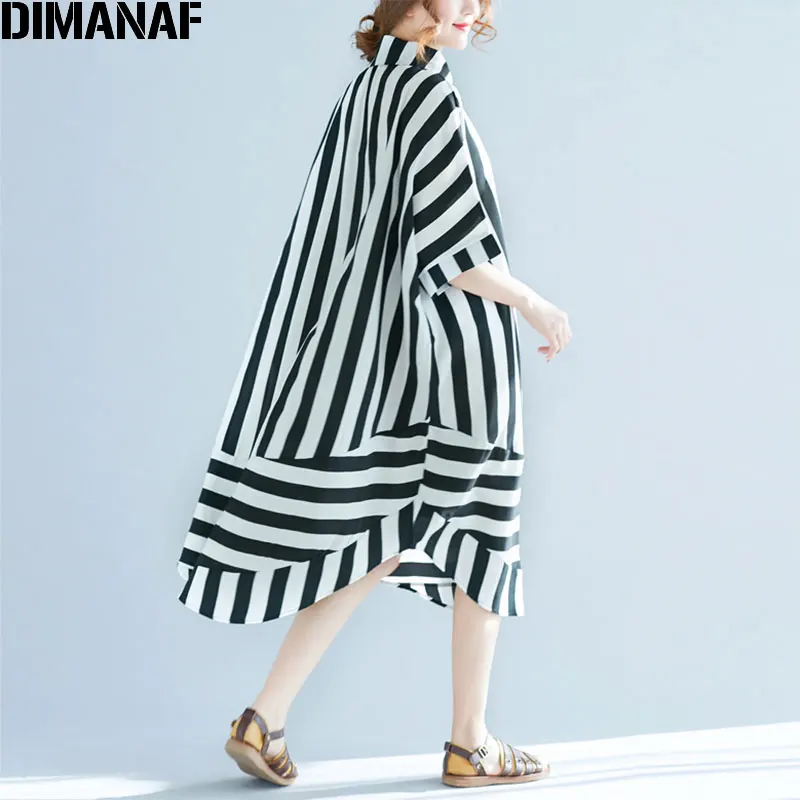 

DIMANAF Plus Size 2020 Summer Women Batwing cotton Blouse Black White Striped Print Fashion Casual Elegant Button Blouse Shirts