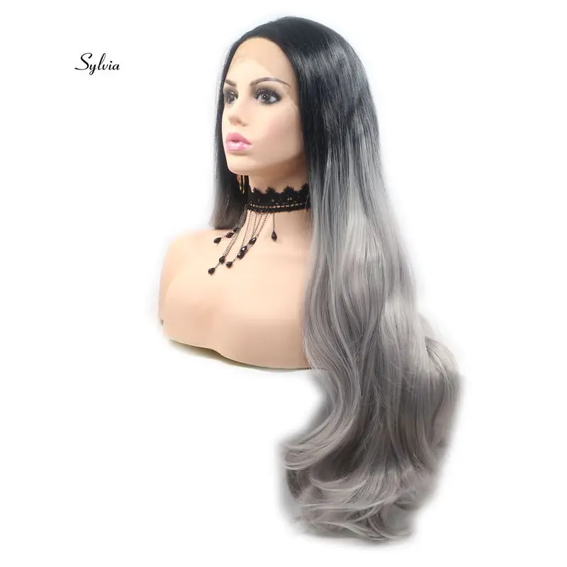 

Sylvia Long Body Wave Hair Black To Grey Ombre Wigs Synthetic Lace Front Wigs Heat Resistant Fiber Long Wavy Wig Middle Parting