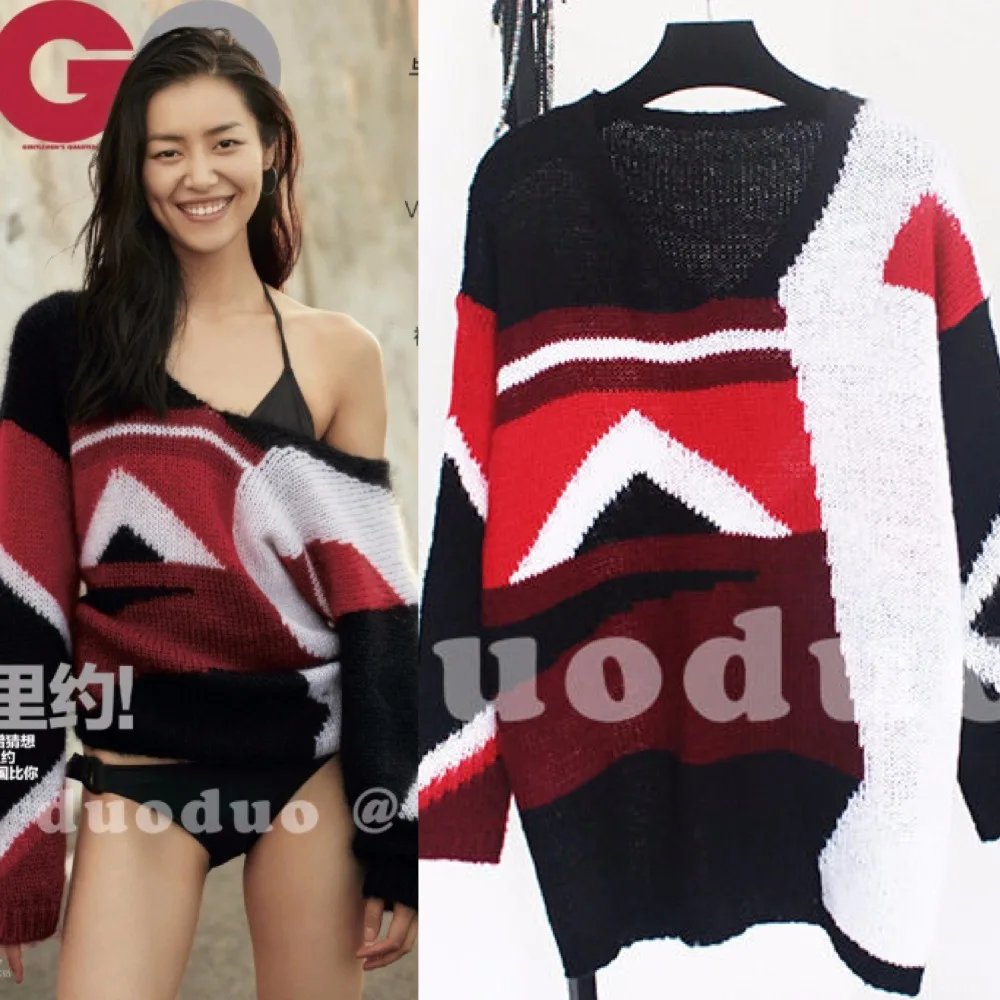 Spring New Arrival 2017 Women Casual Sweater Fashion Geometric V Neck Pullover Female Wool Batwing Sleeve Sexy Loose Top |