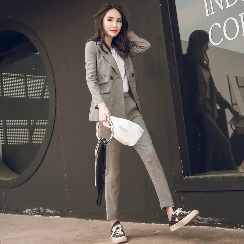

Women 2 Two Piece Sets Short Gray Solid Blazer + High Waist Pant Office Lady Notched Jacket Pant Suits Korean Outfits Femme