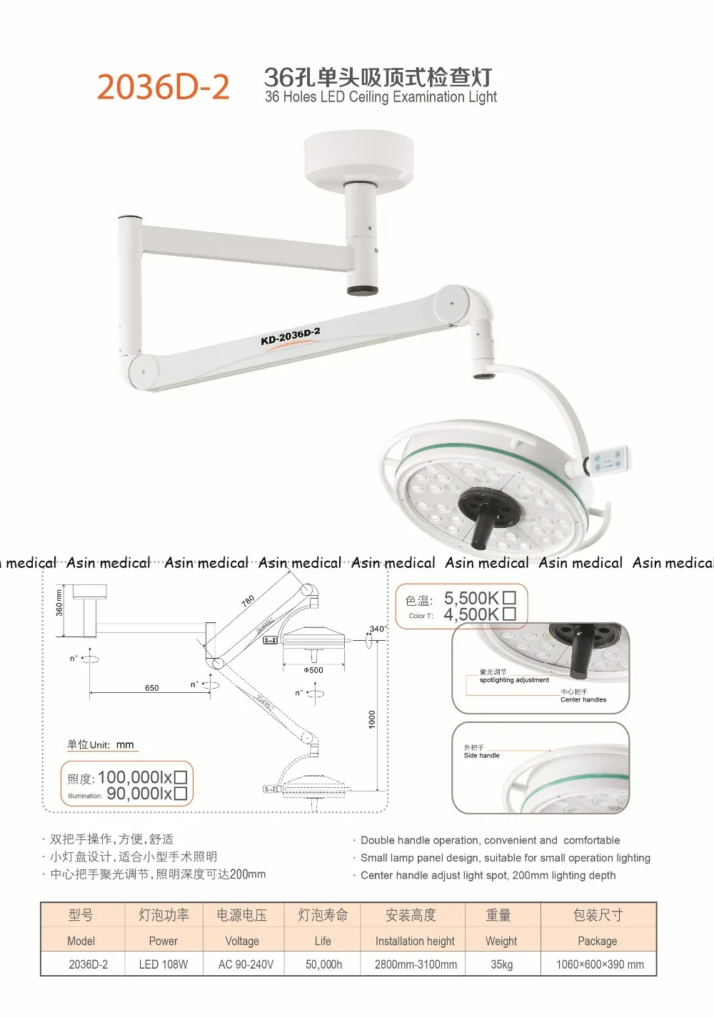 

High Quality 108W LED Surgical Medical Exam Light 36 Holes LED Ceiling Examination Light CE FDA approval