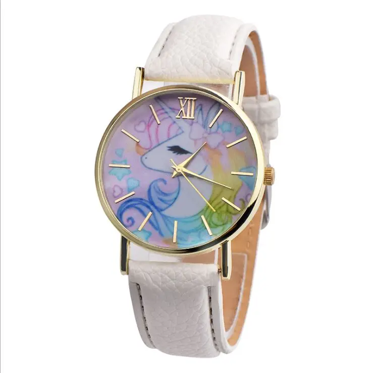 Часы наручные унисекс модные простые кварцевые с принтом единорога кожаным