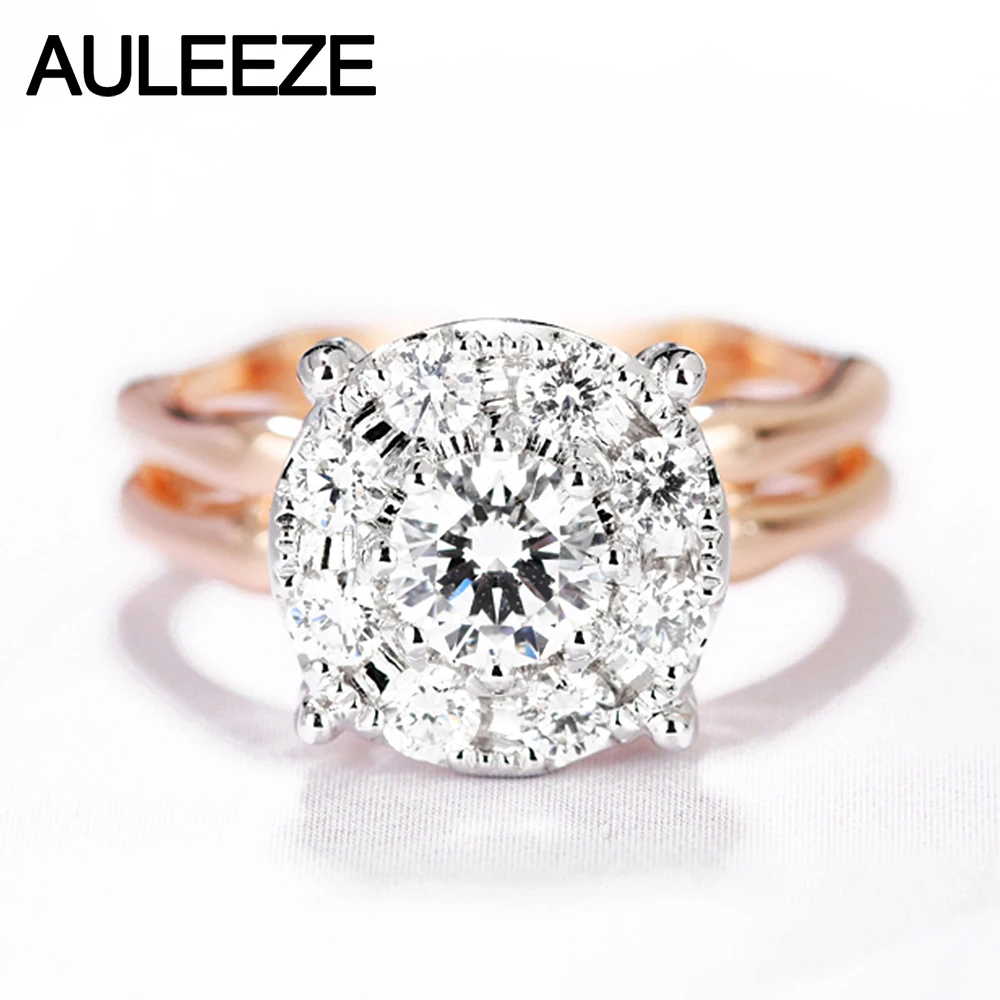 

AULEEZE Double Row Bamboo Halo 0.3CT Moissanites Engagement Ring Solid 14K Rose White Gold Rings For Women Wedding Ring Jewelry