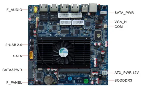 HCIPC 2063-1 LAN-HCM25L4-A - Материнская плата с Атом D2550, 4 гигабитными LAN, обходным подключением, 2 SATA, 6 USB 2.0, 1 COM, 1DDR3, VGA_H, 12V и поддержкой Firewall.