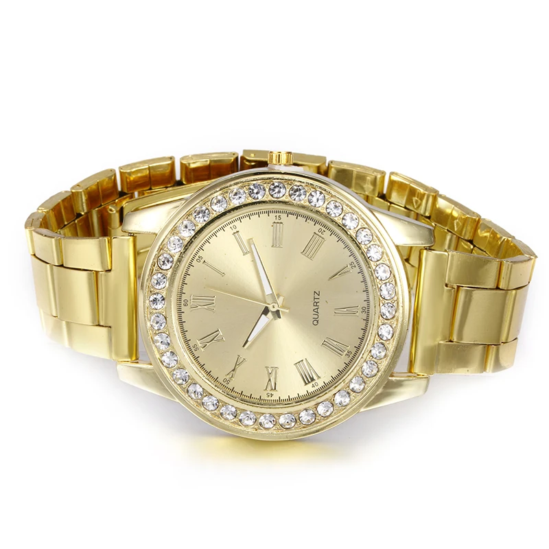 Новый цвета: золотистый серебристый Роскошные Нержавеющая сталь часы Аналоговые