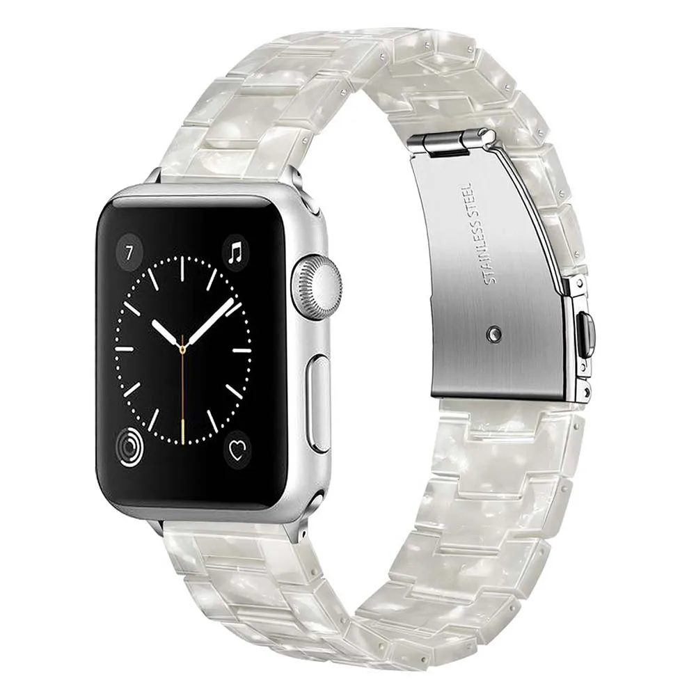 Жемчуг смолы ремешок для наручных часов iWatch, версия Apple Watch Series 5 4 3 2 1 44/42/40/38 мм Для женщин браслет из розового золота Нержавеющая сталь Туфли с ремешком и пряжкой
