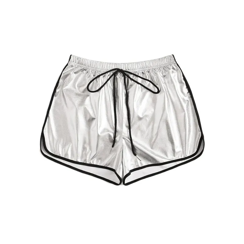 ROMWE Grey Knot Waist Contrast Binding Metallic Dolphin Shorts Women Athleisure Elastic Drawstring Waist Summer Shorts