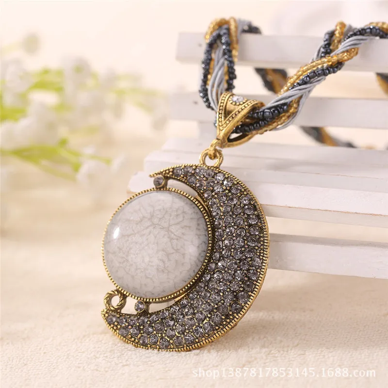 17 colors fashion ethnic handmade half moon gem stone maxi colar necklace bohemian pearls beads chain pendant bib jewelry lady | Украшения