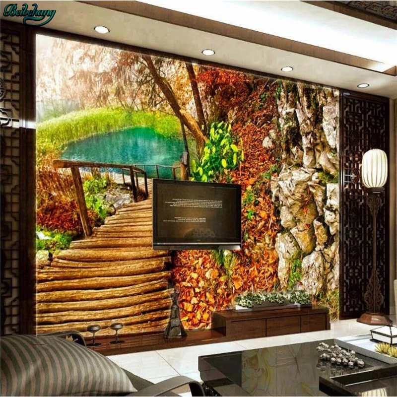 

beibehang Large custom wallpaper with rugged mountain lakes wooden bridge pontoon nature background decoration