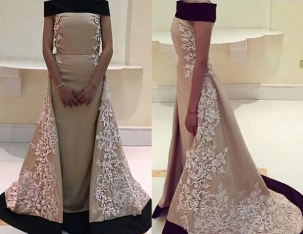 2016 Evening Dresses Off Shoulder Lace Appliques Detachable Arabic Style Long Pageant Prom Gowns Floor Length Satin Party Gown | Свадьбы и