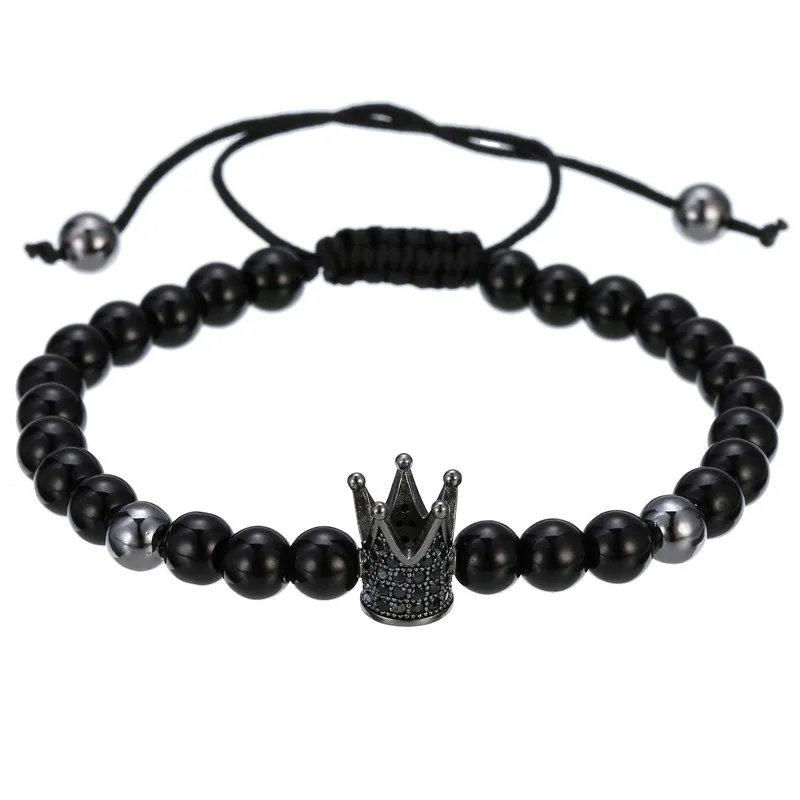 

Classic Fashion CZ Crown Charm Bracelet 6mm Black Matte Stone Lover Braiding Bracelet For Women Mens Pulseras Masculina Gifts