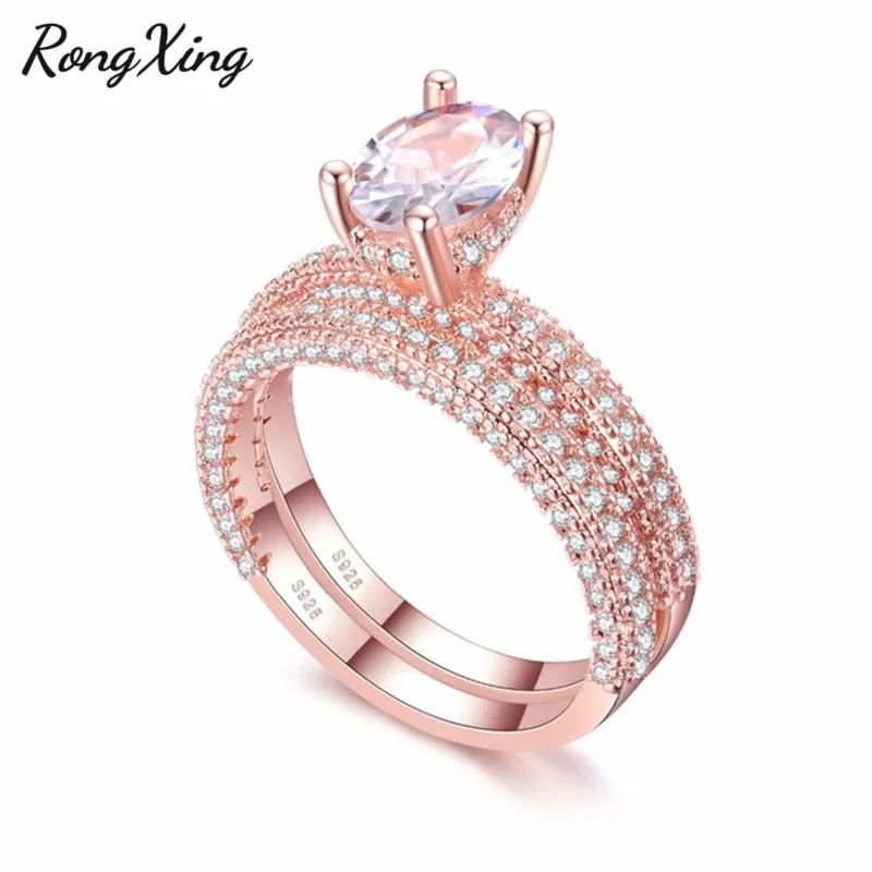 Rose Gold Oval RongXing Овальный/круглый белый циркон обручальное кольцо Набор 925 серебро/однотонный цвет розовое золото свадебное фианитовое кольцо для женщин Свадебные украшения - Цвет основного камня: Rose Gold Oval
