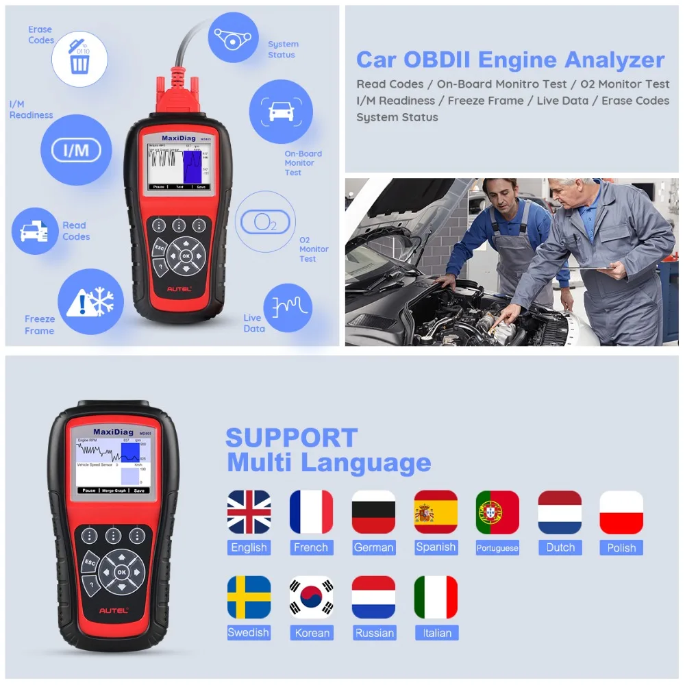 Autel MD805 все системы OBD2 сканер automotriz автомобиля диагностический инструмент код
