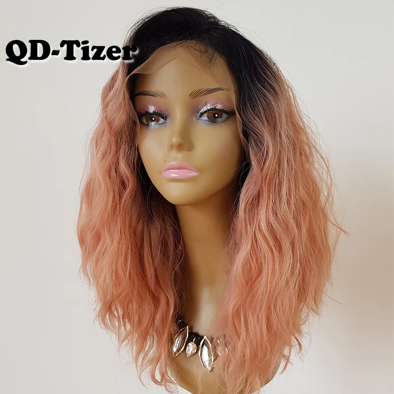 QD-Tizer Short BOB Synthetic Lace Front Wigs Ombre Pink Hair Loose Curly Lace Front Wig For Women With Baby Hair