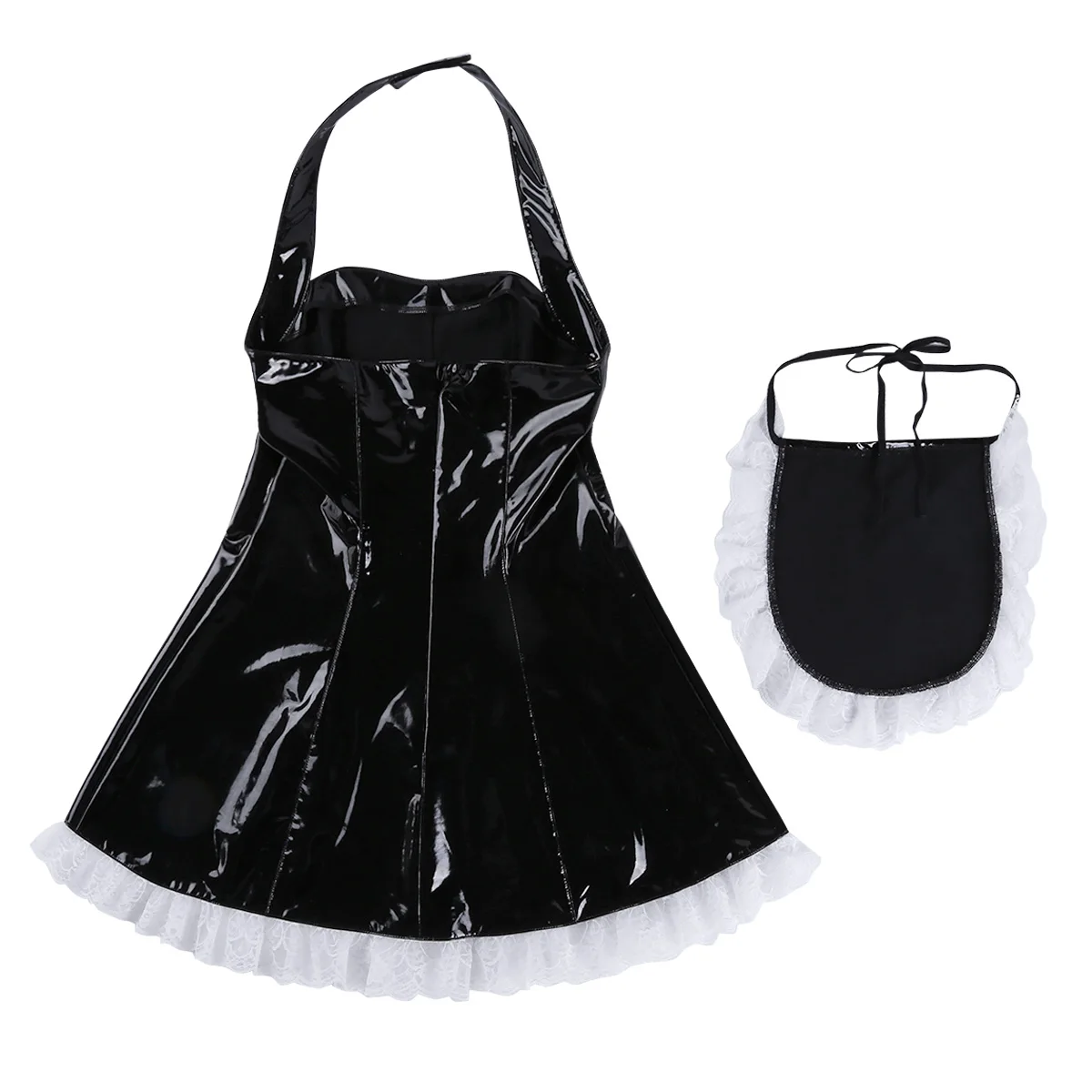 3 шт., женские сексуальные костюмы Wetlook, лакированная кожа, платье горничной, Маскарадные костюмы, Maidservant, платье на Хэллоуин с фартуком, ролевые игры
