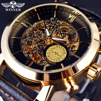 winner luxury golden case fashion clouds hollow skeleton genuine leather strap clock mens watch top brand luxury automatic watch