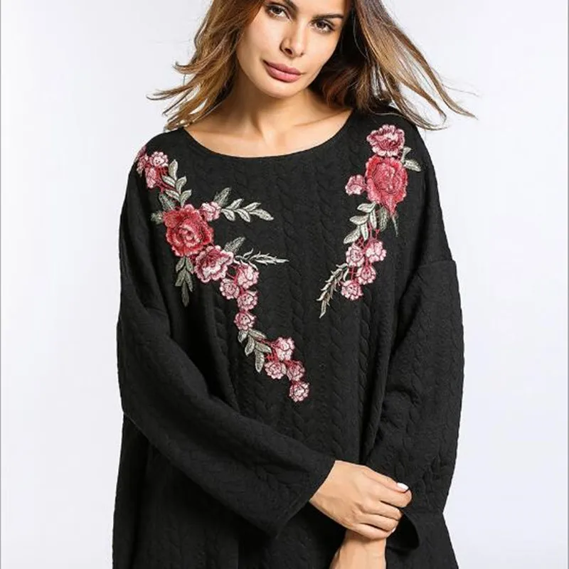 Женское зимнее платье с вышивкой Abaya утепленное трикотажное хлопковое длинное