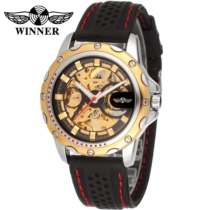 

WINNER New Brand Watches Men Silicone Golden Automatic Skeleton Clock Waterproof Military Mechanical Watch Relogio Masculino