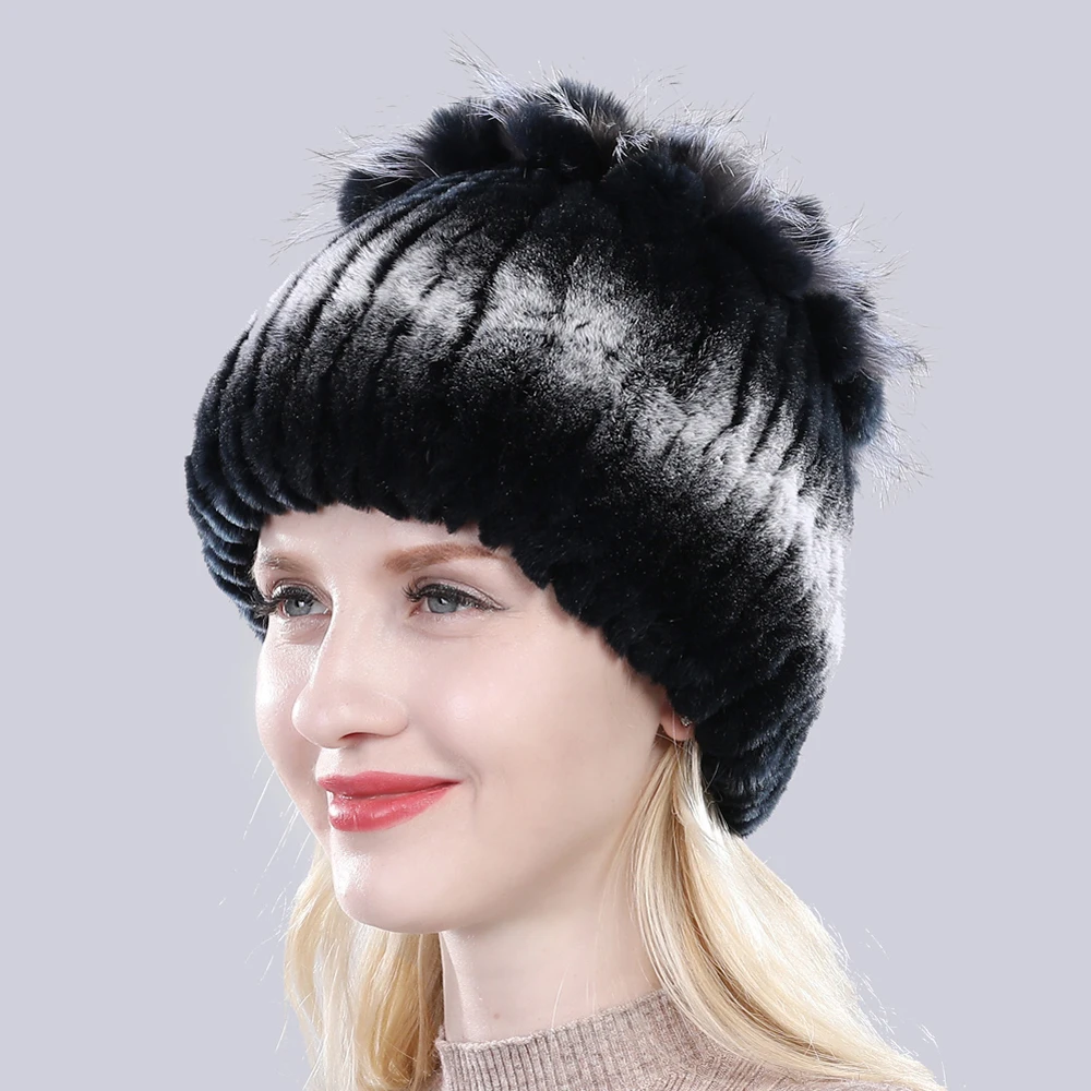 Женские шапки из меха кролика Рекс, зимние шапки из меха кролика Рекс, полосатые шапки с мехом лисы, теплые вязаные шапки из натурального меха