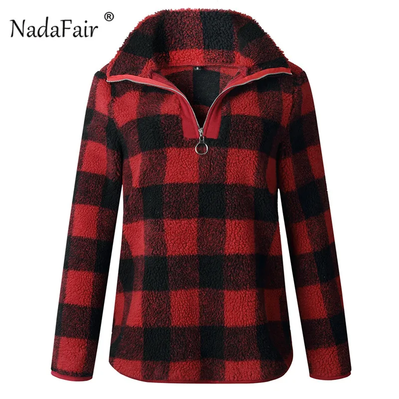red black Nadafair осень зима флис искусственный мех Плед толстовки для женщин на молнии свободные повседневные кофты женские утепленные Мягкие плюшевые Топы - Цвет: red black