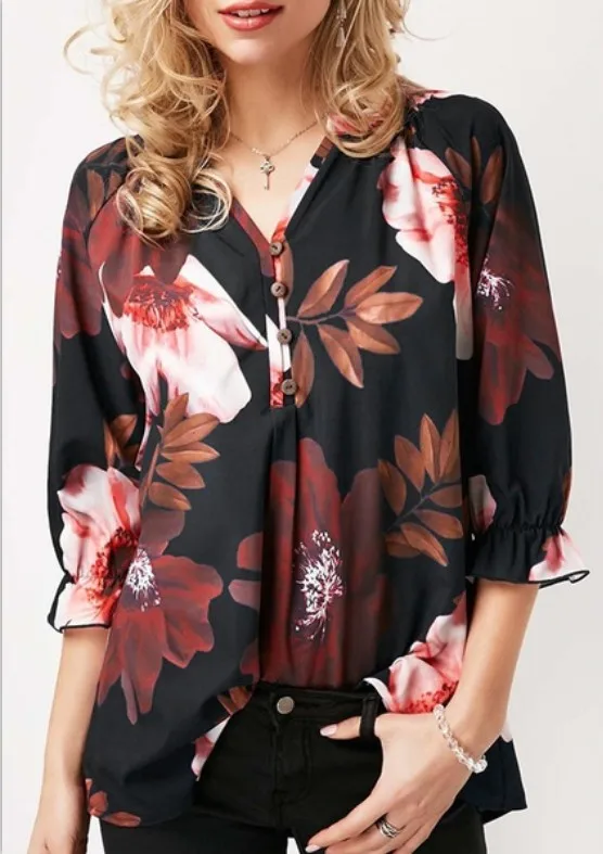 Baharcelin 4XL 5XL Женские рубашки для девочек, топы, летняя блузка с цветочным принтом, рубашка с рукавом до локтя, Свободная шифоновая одежда размера плюс - Цвет: 3