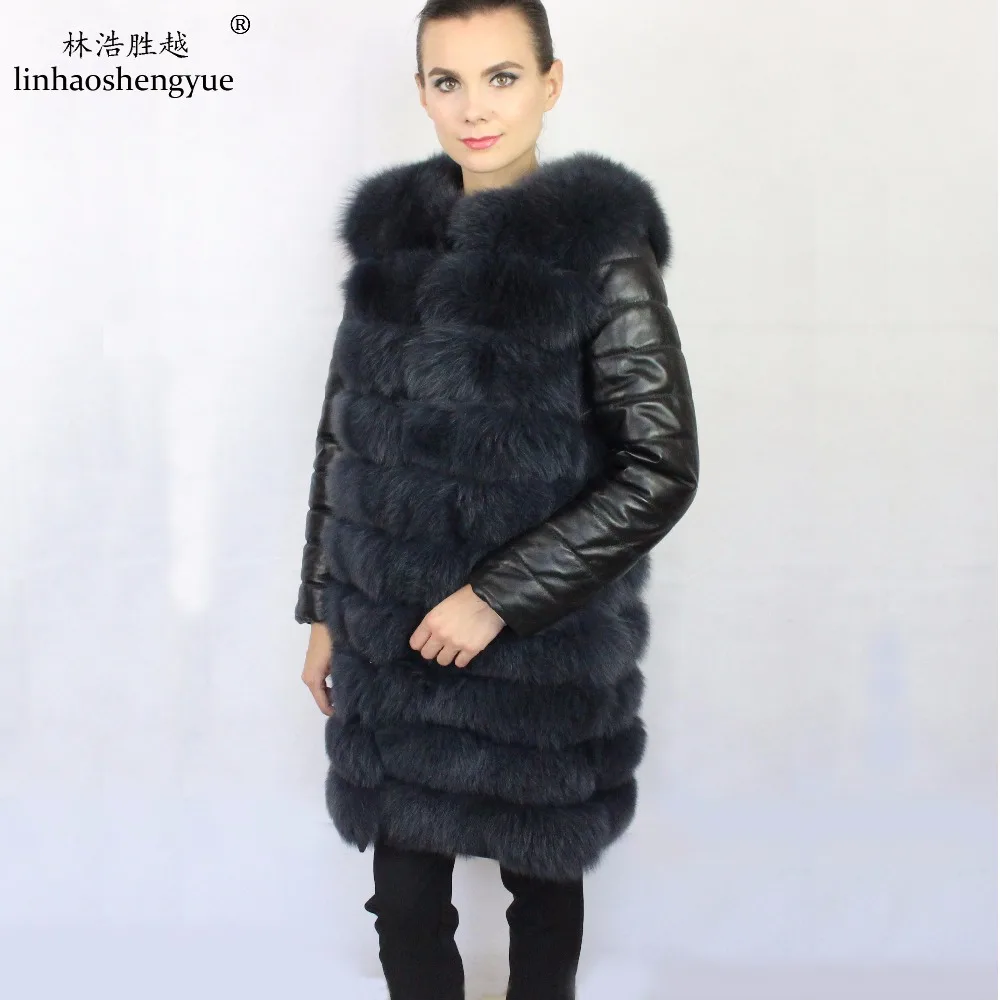 Linhaoshengyue 2017 HOT Selling 100% Fox Fur Women Coat with Leather Sleeves Warm Fashion  Detachable Sleeves