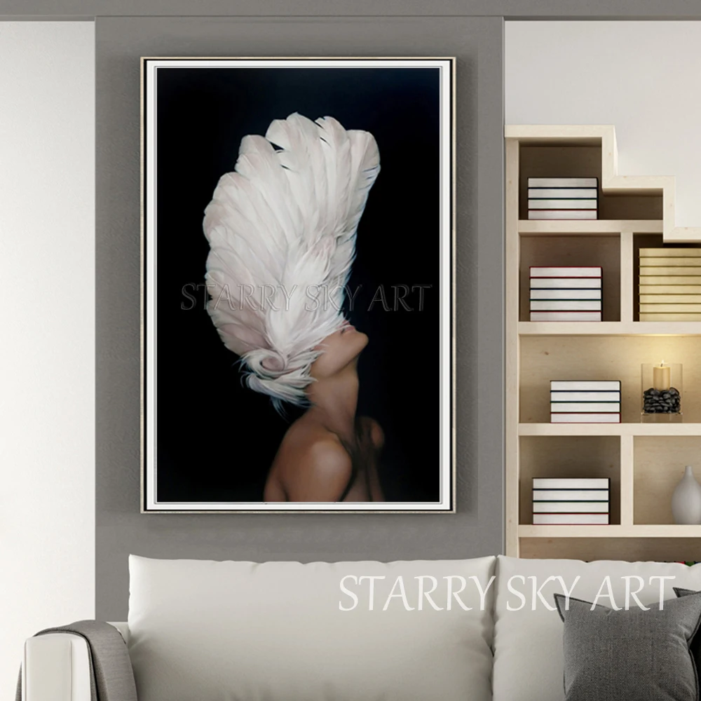 Professional Artist Hand-painted High Quality Lady with Feather Oil Painting on Canvas Modern Fine Art Figure | Дом и сад